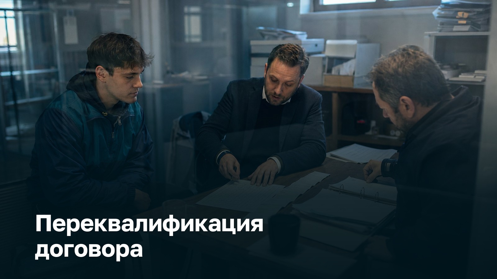 Переквалификация договора с самозанятым в трудовой: за стеклянной перегородкой курьер и его юрист разбирают договор и платёжные бумаги с представителем компании