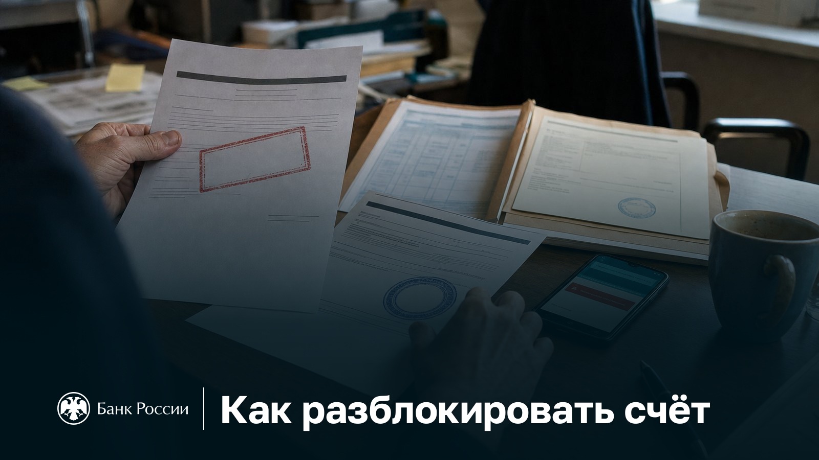 Разблокировать счёт: руки владельца бизнеса кладут оплаченное платёжное поручение рядом с уведомлением банка о приостановлении операций, на столе телефон с банковским приложением и папка с декларацией и постановлением пристава