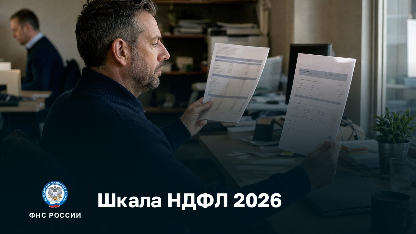 Шкала НДФЛ 2026: собственник компании у окна сравнивает два листа, расчётный листок по зарплате и уведомление банка о выплате дивидендов