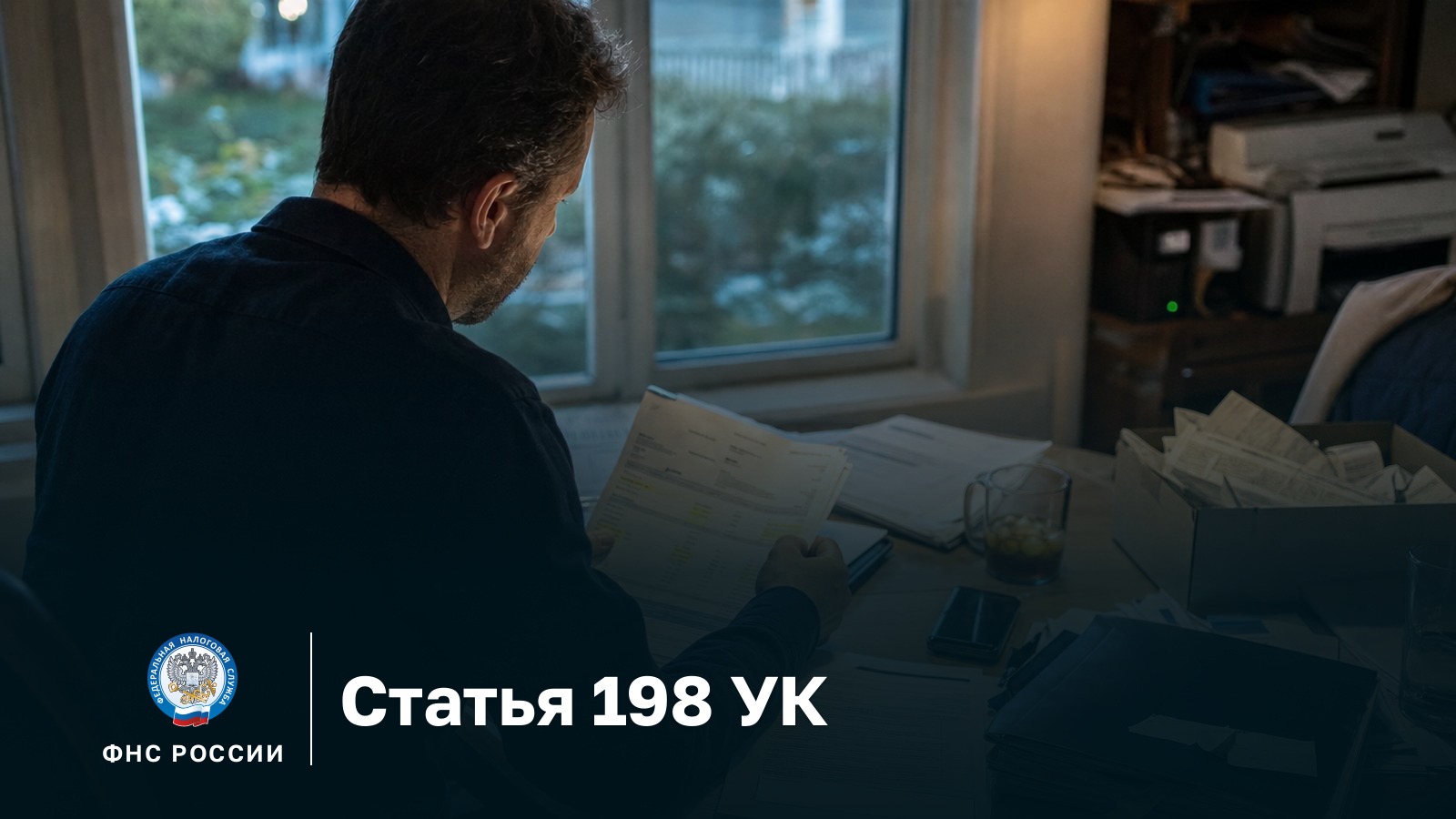 Ст 198 УК РФ: индивидуальный предприниматель у окна сверяет банковские выписки с отмеченными поступлениями, рядом неподписанная налоговая декларация и коробка чеков